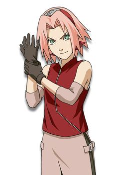 an anime character with pink hair and green eyes, holding his hands up in the air