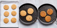 the process of making peanut butter cookies is shown in three different stages, including baking them on a griddle