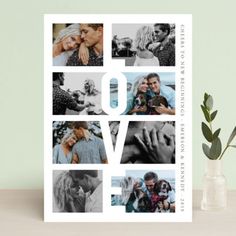 a white card with the words love surrounded by photos