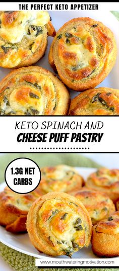 keto spinach and cheese puff pastry on a plate with text overlay that reads the perfect keto appetizer