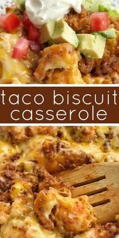 taco biscuit casserole in a white dish with a wooden spoon