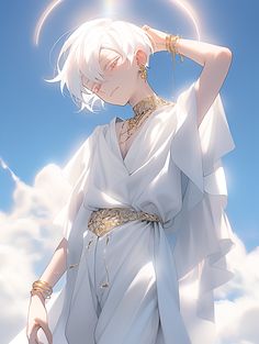 a woman with white hair and gold jewelry standing in front of the sun, wearing a white dress