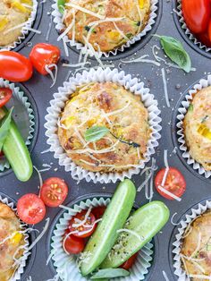 several muffins with cheese, tomatoes and cucumbers