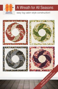 the cover of a book with four different quilts on it, including one circle and two