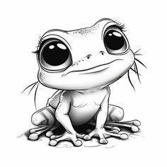 a black and white drawing of a frog with big eyes sitting on the ground, looking at the camera