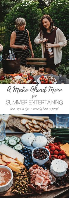 two women standing in front of a picnic table with food on it and the words, a make - ahead menu for summer entertaining