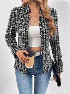 F00279688-203 Tweed Pattern, Kimono Sweater, Ladies Blazer, Open Front Blazer, Open Front Jacket, Grey Plaid, Wool Peacoat, Casual Vest, Long Sleeve Blazers