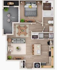 the floor plan of a two bedroom apartment with an attached kitchen, living room and dining area