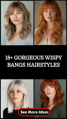 Collage of four women with different wispy bangs hairstyles in blonde, red, and light brown shades.