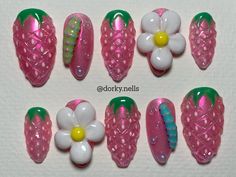 tiktok/insta: @dorky.nells #nails #nailart #naildesign #nailartideas #nailsofinstagram #pressonnails #almondshapenails #almond #strawberry #strawberries #fruitnails #caterpillar #summernails #summernaildesigns #springnaildesigns #3dart #3deffect Caterpillar Nails, 3d Nail Designs Acrylics, Jelly Strawberry, Nail Ideas Pink, Strawberry Nails, Orchid Nails, Cute Toe Nails, Nail Art Salon, Nail Design Inspiration