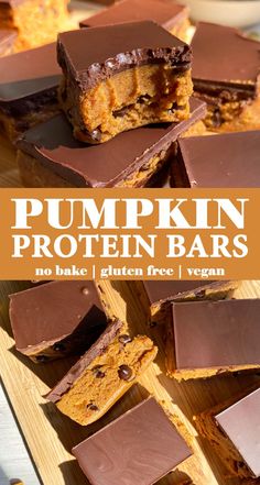 pumpkin protein bars cut into squares and stacked on top of each other with text overlay