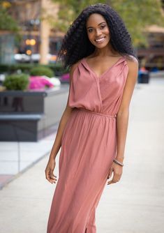 [Color: Clay] It does not get much better than this stunning maxi dress. Featuring a sexy low back Chic Flowy V-neck Wrap Dress, Flowy V-neck Dress With Surplice Neckline For Date Night, Formal V-neck Maxi Dress With Tie Back, Chic V-neck Maxi Dress For Date Night, Elegant V-neck Midi Dress With Tie Back, Maxi Length V-neck Dress For Date Night, Elegant Flowy V-neck Dress With Surplice Neckline, Chic Flowy Wrap Dress For Formal Occasions, Chic Long Midi Dress For Bridesmaids