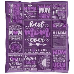 a purple blanket with the words best mom ever written in different languages and hearts on it