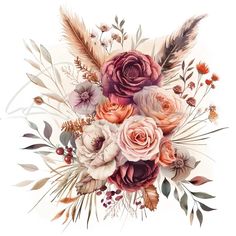 a bouquet of flowers and feathers on a white background with watercolor paint effect in the middle