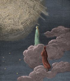 a woman standing on top of a cloud in front of a giant star above her head