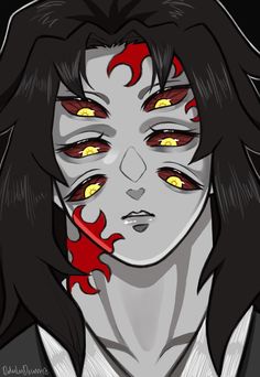 a drawing of a woman with red and yellow eyes