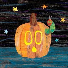 the very hungry caterpillar sits on top of a pumpkin in front of stars