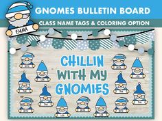 gnomes bulletin board with name tags and coloring option