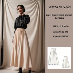 Maxi flare Skirt Sewing Pattern,Ladies Size ; US 2 to 30, A0 -A4 -US Letter A Line Skirt Pattern Free Maxi, Pleated Maxi Skirt Sewing Pattern, Sewing Patterns Skirt Free, Flowy Skirt Pattern Free, Cottagecore Skirt Pattern, Sewing Maxi Skirt, Maxi Skirt Sewing Pattern Free, Maxi Skirt Pattern Sewing, Sew Maxi Skirt