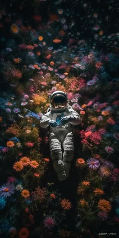 an astronaut floating in the air surrounded by flowers and daisies, looking down at him