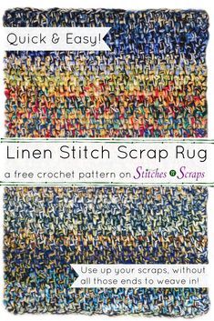 the linen stitch scrap rug is shown in three different colors