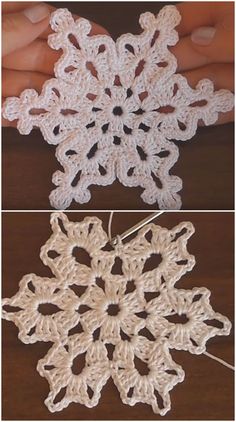 crocheted snowflake is shown in three different stages, and the second has been