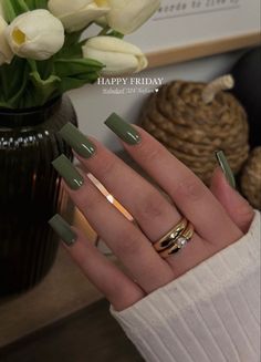 Olive Green Acrylics, Mat Green Nails, Sage Nail Ideas, Green Acrylic Nails Short, Olive Green Acrylic Nails, Army Green Nails, Mat Nails, Khaki Nails, Matte Green Nails