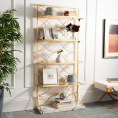 a living room filled with furniture and a potted plant on top of a shelf