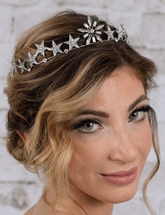 Celestial Stars and Pave Crystal Tiara Star Headpiece, Celestial Stars, Tiara Headpieces, Crystal Tiara, Celestial Wedding, Beautiful Hair Accessories, Sparkling Stars, Wedding Hair Inspiration, Crystal Tiaras