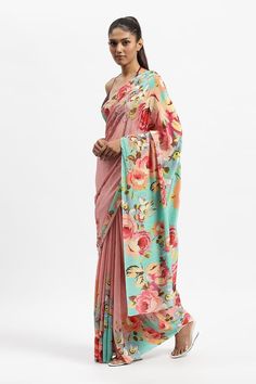 Pink pearl saree featuring rose vine print all over embellished with sequin work. Comes with a running blouse piece. - Aza Fashions Pearl Saree, Embellished Saree, Satya Paul, Rose Vine, Rose Vines, Sky Is The Limit, Blouse For Women, Pink Saree, Printed Sarees