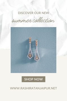 an advertisement for the new summer collection, featuring two diamond earrings and a white background