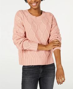 Relaxed fit; hits at hip|Crew neck|Cable-knit front and sleeves; flat-knit back; Rib-knit trim at neck, cuffs and hem|Long sleeves with drop shoulders|Runs small, we suggest sizing up for the perfect fit Women Sleeve, Cable Knit Sweater, Pink Sweater, Casual Fits, Colorful Sweaters, Pullover Sweater, Cable Knit, Pullover Sweaters, Sweater Outfits