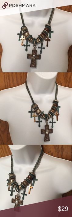 Patina and Silver Western Cross and Charm Necklace Real silver - shown in photos slightly tarnished - can be shined for a different look - brand new never worn Jewelry Necklaces Costume Jewelry Cross In Metal, Costume Jewelry Metal Cross Pendant, Bohemian Metal Cross Jewelry, Bohemian Cross Metal Jewelry, Western Cross, Beaded Chain, Heart Necklace, Heart Pendant, Womens Jewelry Necklace