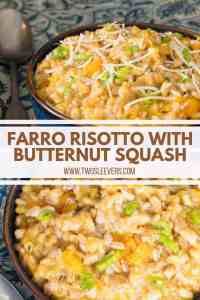 two bowls filled with farro risotto and butternut squash