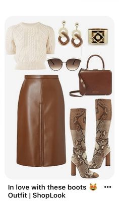 Brown Leather Skirt, Chique Outfit, Stylish Work Outfits, Church Outfits, Fall Fashion Outfits, Winter Fashion Outfits, Boots Outfit