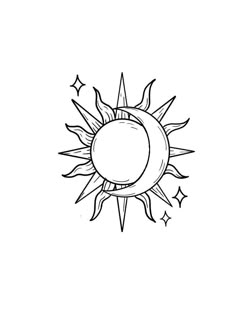 a black and white drawing of the sun with stars on it's back side