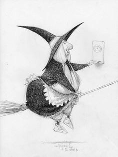 a drawing of a witch flying on a broom with a cell phone in her hand