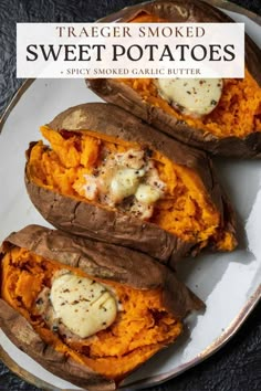 three baked sweet potatoes on a plate with text overlay