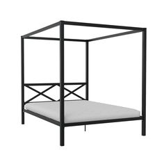 a black metal bed frame with white mattress