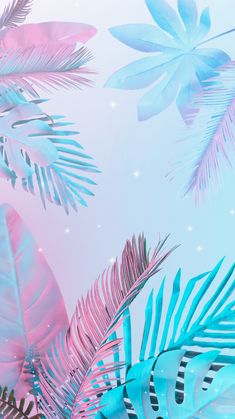 blue and pink tropical leaves on a pastel background with sparkles in the sky