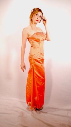 Dress Inn By Ynna's  Y2K Evening Gown Beaded Metallic Irridescent  Strapless Orange  Circa 1990s  *Excellent Condition *Zipped Down Back Bust: 34" Waist: 28" Hips: 38" Shoulders: 15" Length: 49"  I do not accept returns or trades. Please read the description carefully. I am always happy to answer questions prior to your purchase. #nbvavailable Sequin Evening Gowns, Aidan Mattox, Lovely Dresses, Evening Gown, Evening Gowns, Bridal Gowns, Blue Dresses, Wedding Gowns, Dress Outfits