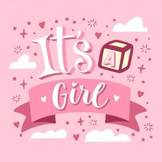 it's a girl card with pink ribbon and clouds in the background on a pink background