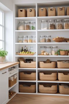 an organized pantry with baskets and food items