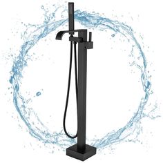 a black faucet with water splashing around it