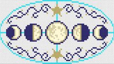 a cross stitch pattern with the moon and four phases in blue, yellow and white