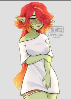 a drawing of a woman with red hair and green skin, wearing an orange wig