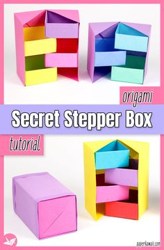 an origami box that is made out of colored paper and has the words secret stepper box on it