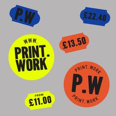 three different stickers with the words print work and p - w written on them