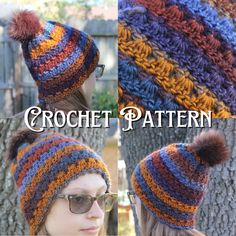 two pictures of a woman wearing a crochet hat