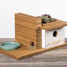 a bird house with a succulent plant in the top and a bowl on the bottom